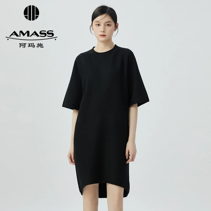 阿玛施AMASS新款女装羊毛简约纯色短袖针织中长款连衣裙5599027