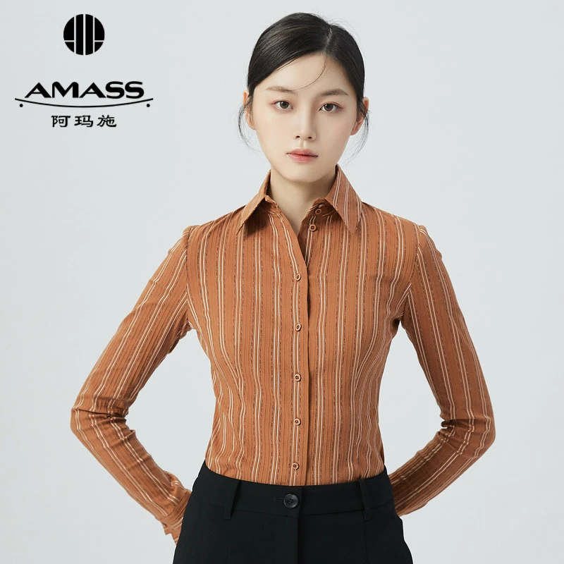 阿玛施AMASS新款女装美拉德风条纹衬衫翻领长袖修身衬衫5300217