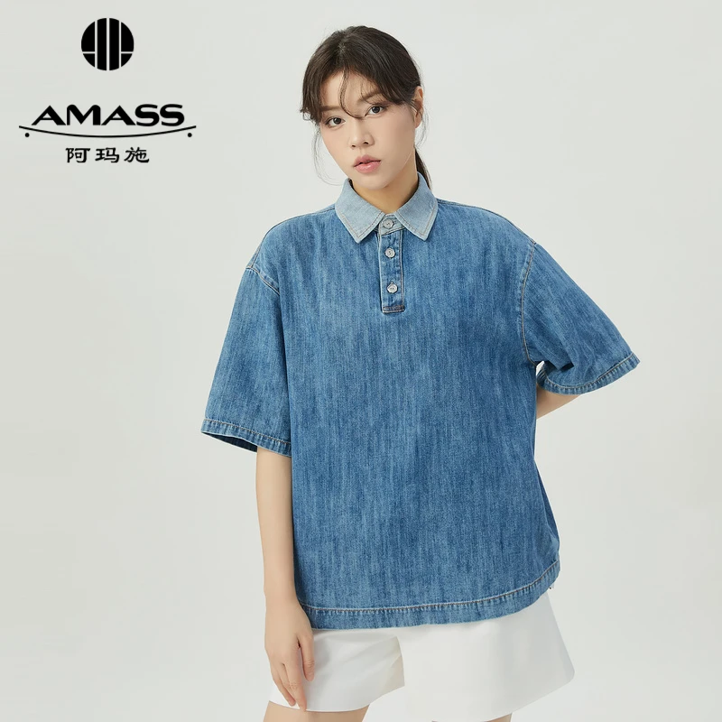 阿玛施AMASS衣橱共享海报款丹宁风水洗牛仔POLO短袖T恤5301034