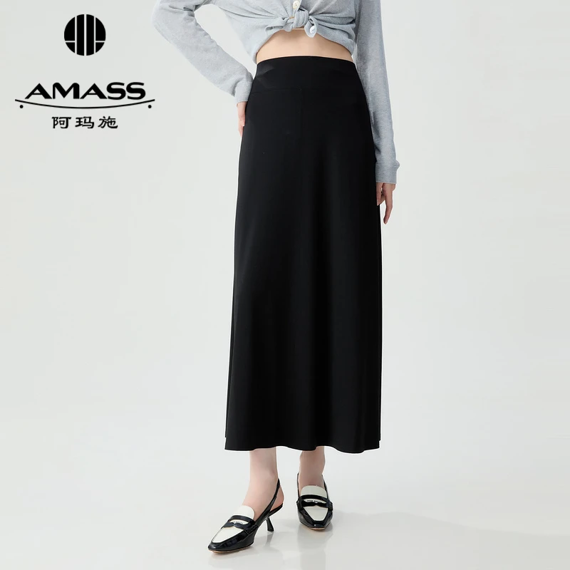 阿玛施AMASS新款时尚简约优雅气质垂坠感舒适小黑半身裙女5200502