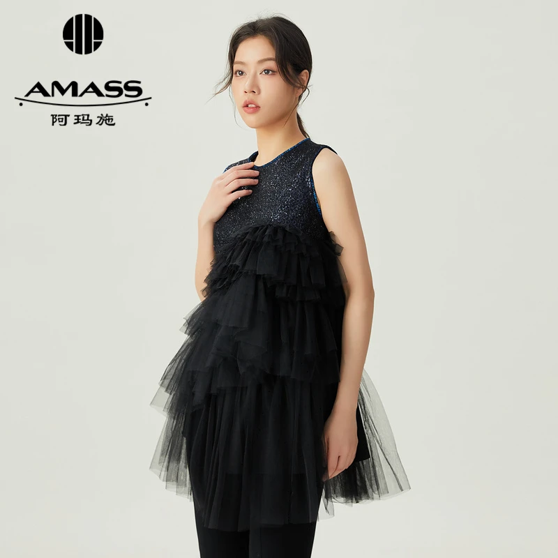 阿玛施AMASS新款女装百搭气质质感网纱拼接轻礼服无袖上衣5300964