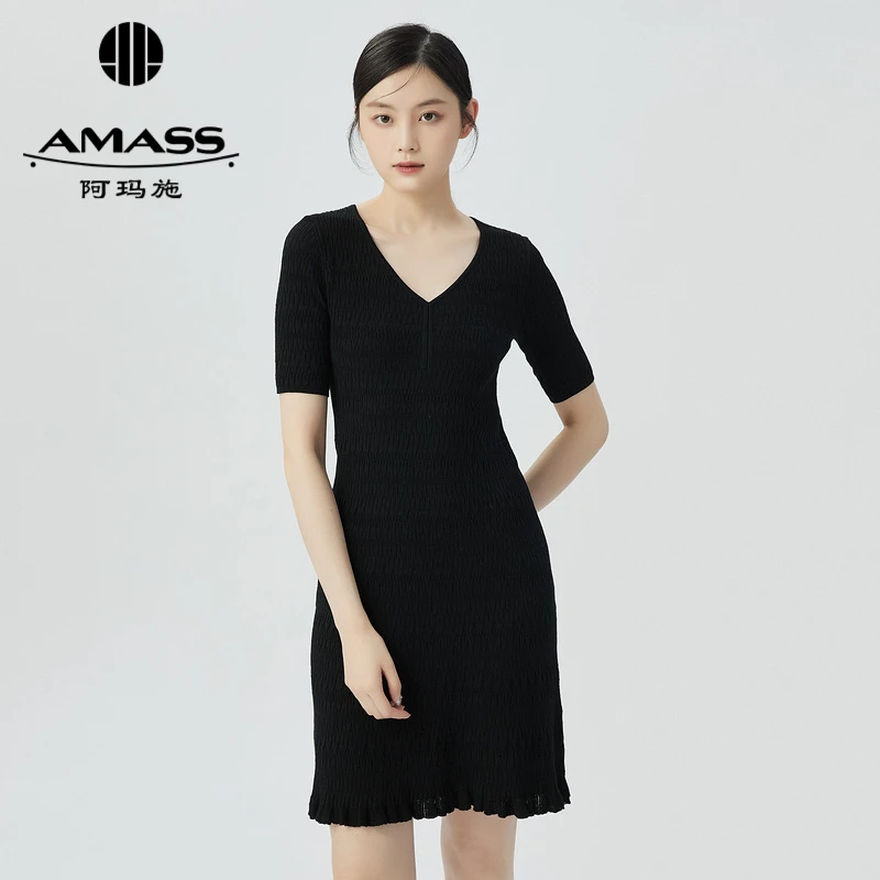 阿玛施AMASS显瘦套头修身显瘦短袖V领短款纯色针织连衣裙5599028