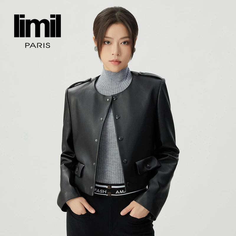 阿玛施丽米儿limil圆领简约气质机车风短款羊皮革夹克外套9400168
