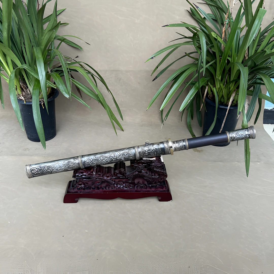 黑精唐横 花纹钢 黑檀木 铜装具 手工 Hs海文 未开刃 收藏摆件