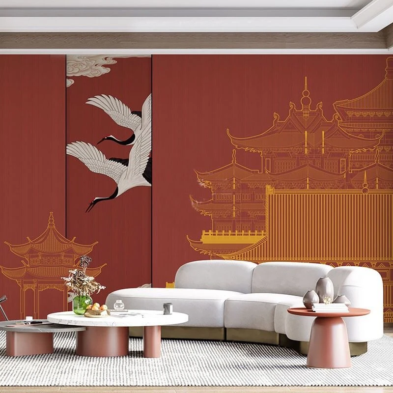 定制中式设计徽派建筑阁楼沙发背景墙壁布茶室餐厅火锅店设计壁画