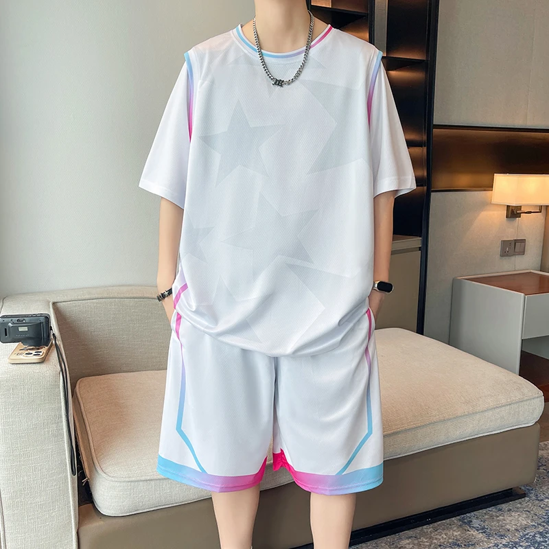 夏季速干跑步运动服初中学生夏季男装青少年宽松休闲两件套球衣男