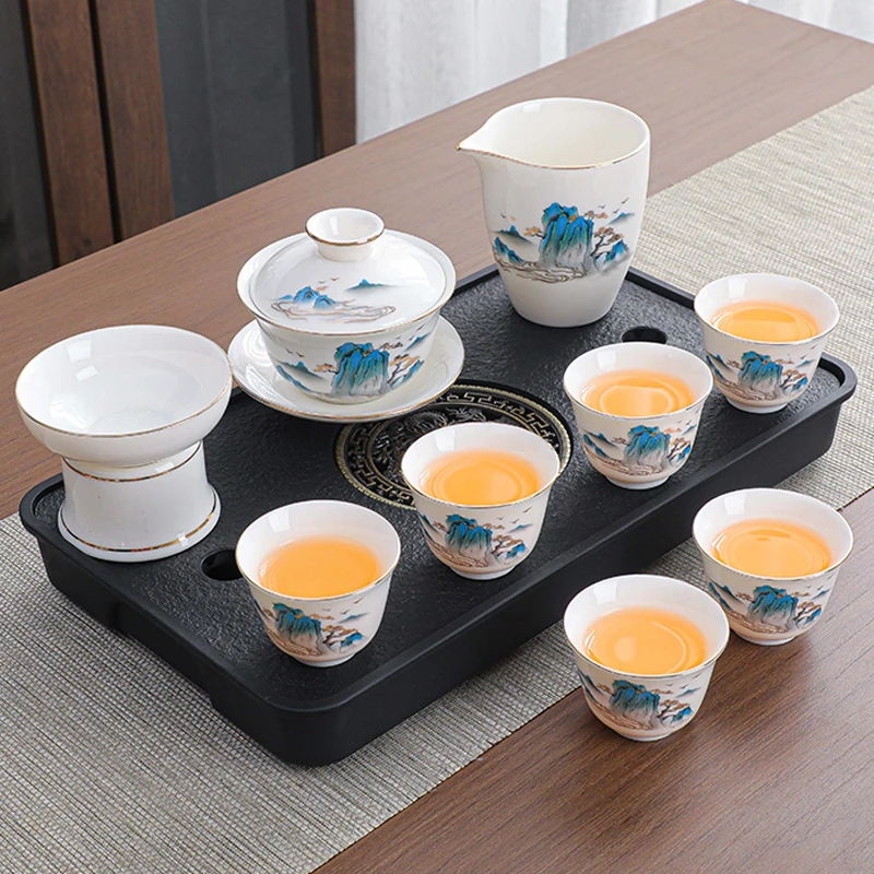 简约茶盖碗羊脂玉白瓷功夫茶具三才盖碗客厅办公室会客泡茶杯中式