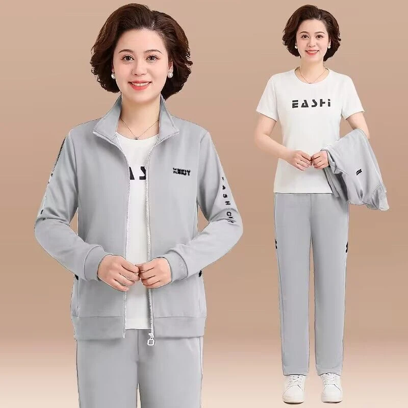 妈妈装春秋季运动服套装女新款时尚韩版休闲中老年大码女装三件套