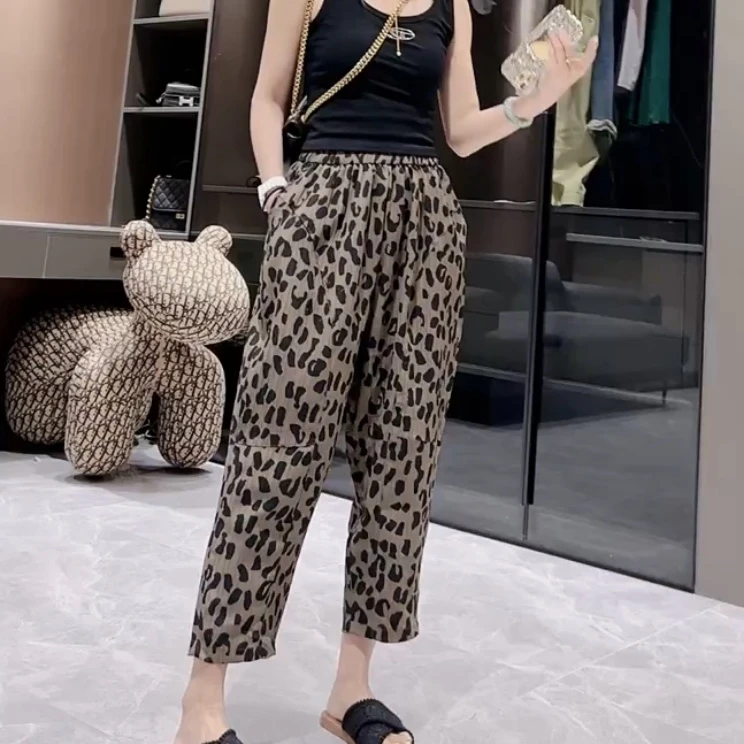 豹纹休闲裤萝卜裤哈伦裤女2024夏季新款高腰宽松显瘦时尚九分裤子