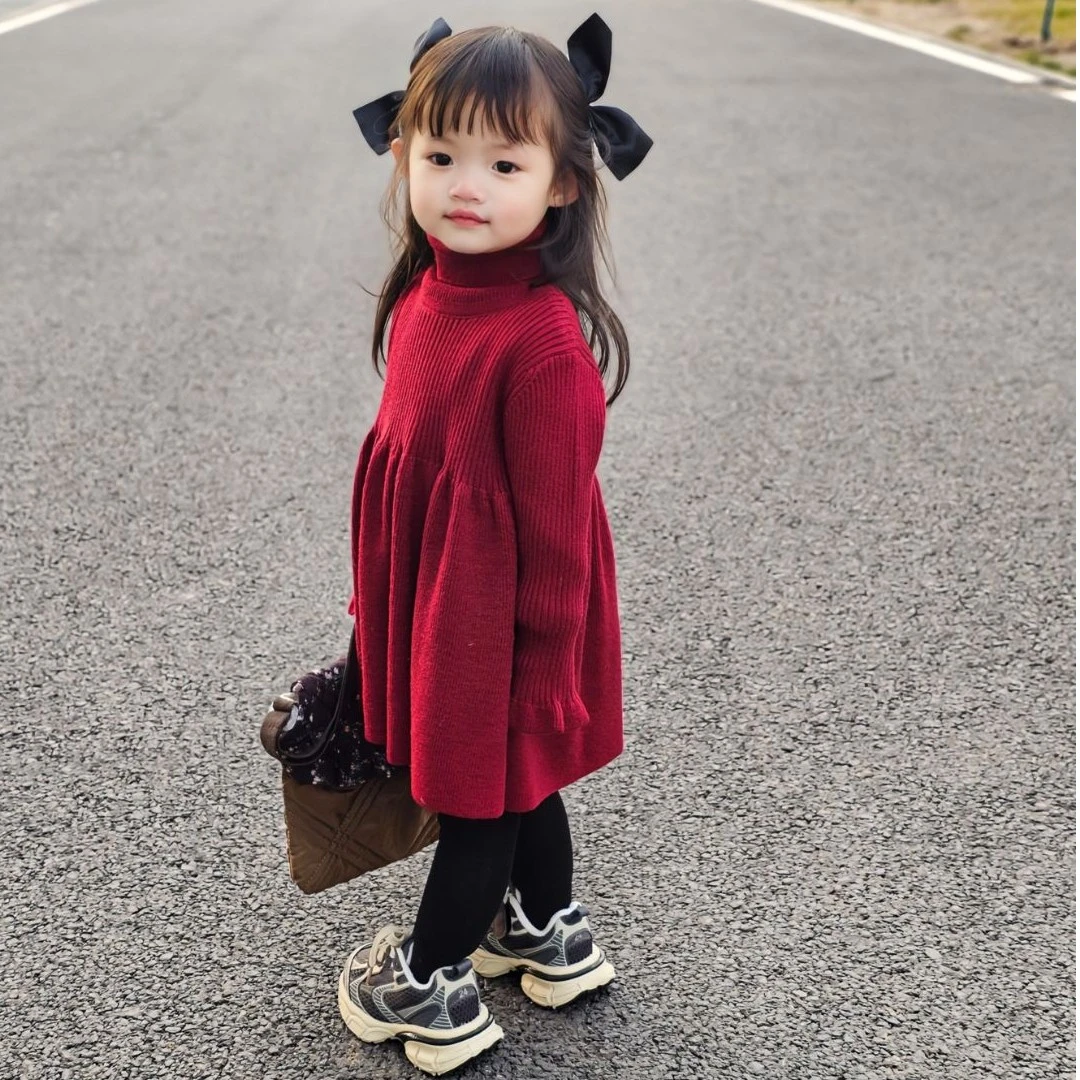 鱼子酱品牌童装儿童女童Q2371MY森系甜美纯色毛衣高领长袖连衣裙