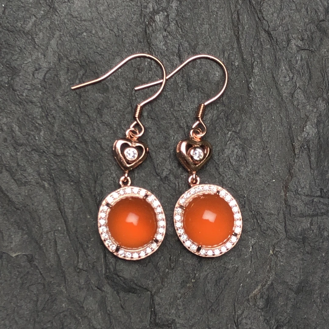 原矿无优化保山南红玛瑙s925银镶河湾冰红爱心款耳钩