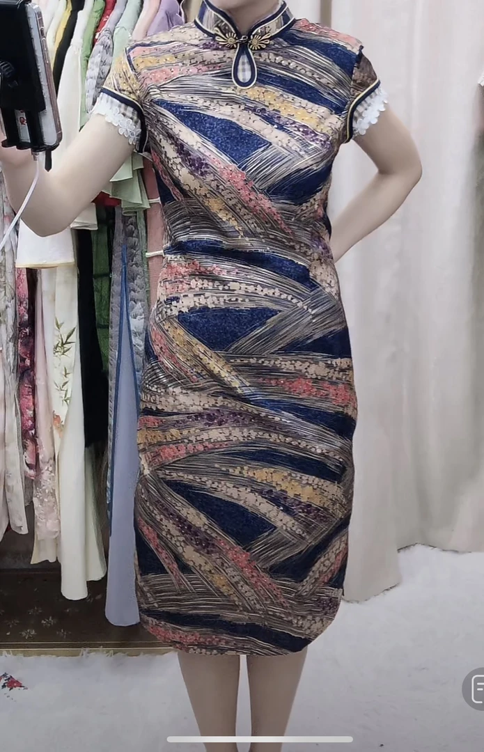 【1291蓝色条纹烫金提花】“实物以直播间为准”网红气淑女显瘦旗袍