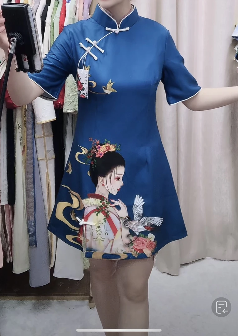 【1452 蓝色仙女仙鹤】网红单层气质百搭款淑女显瘦旗袍