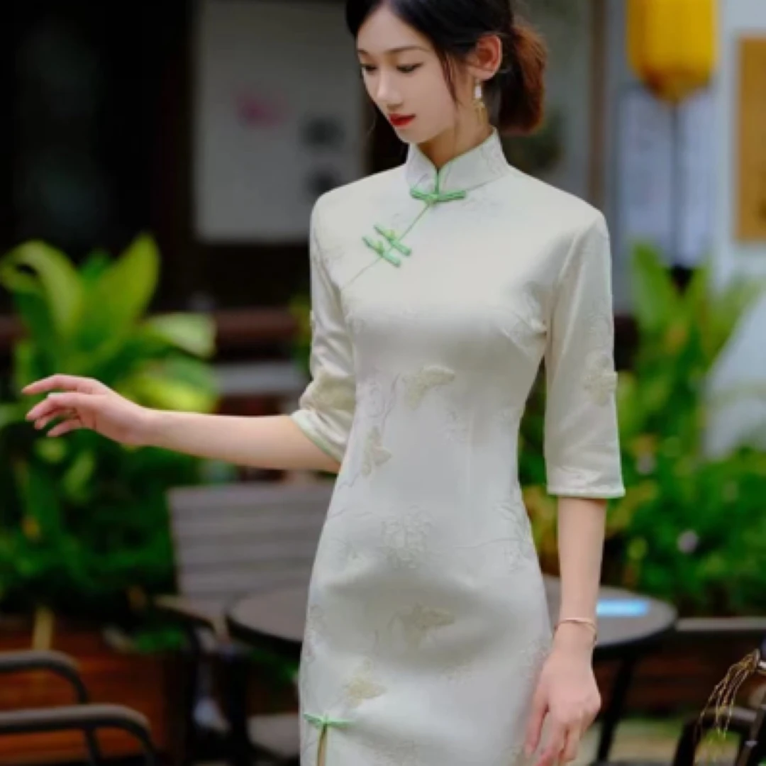 【1854 蝶上飞 米白色】显瘦修身中国风旗袍中式民国风日常