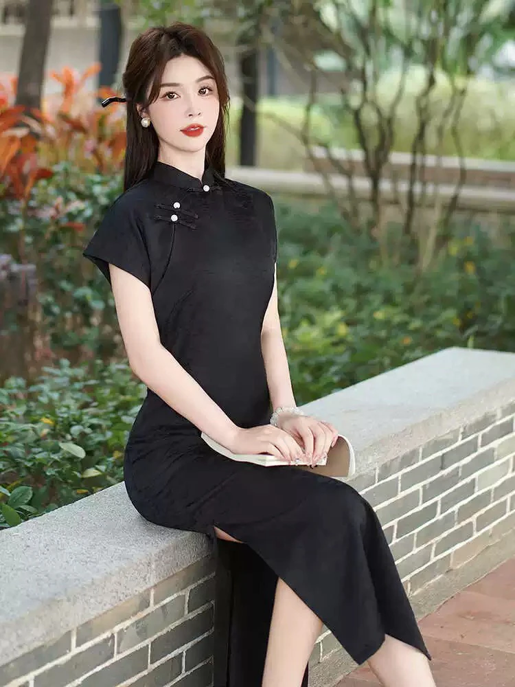 【1971 窈窕淑女 显瘦黑】（半开襟，侧拉链）显瘦气质修身中国风旗袍