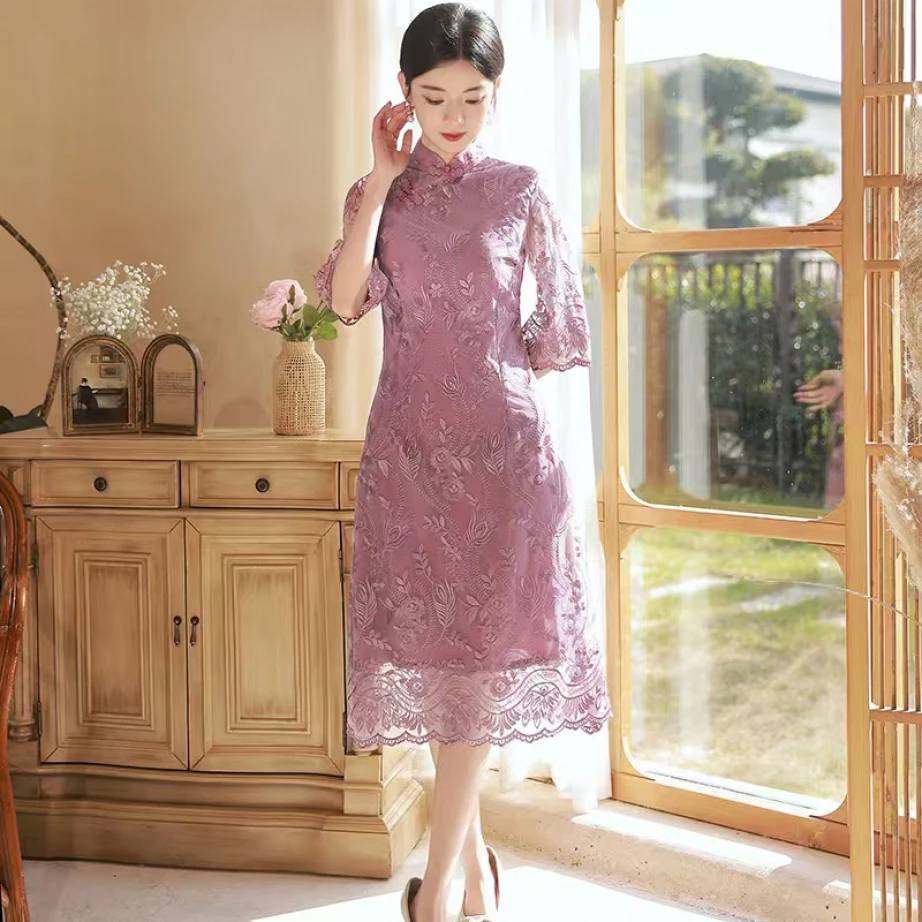 【1925 重磅绣花 粉紫色】显瘦气质修身优雅复古中国风旗袍