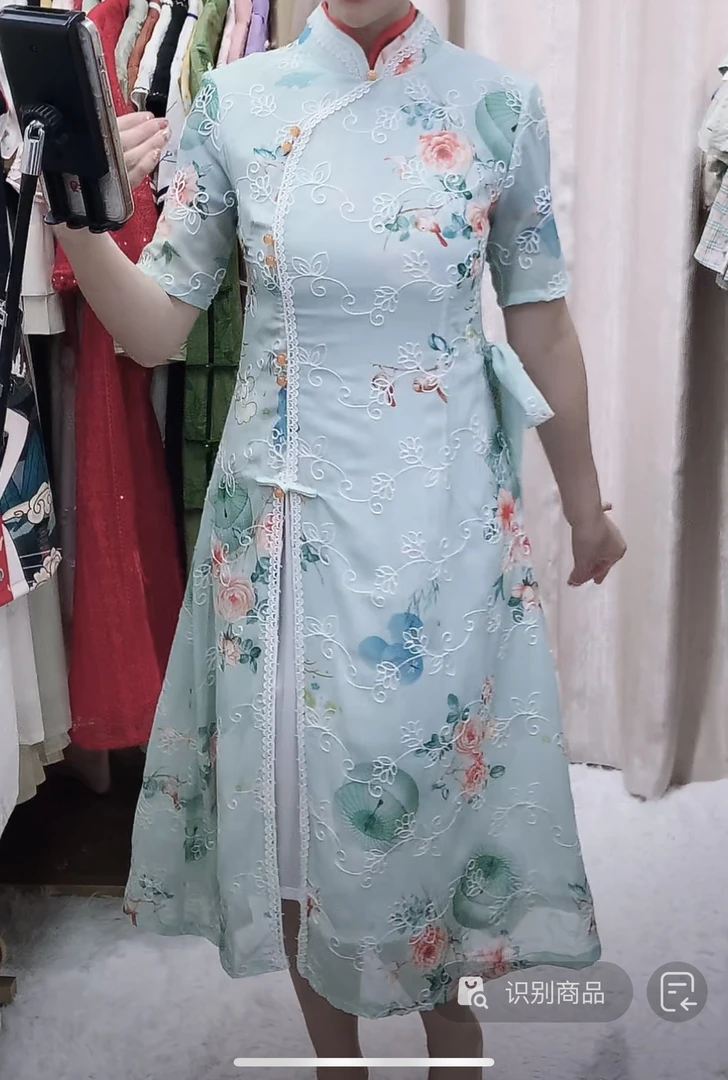 【1540 锦上添花绿色奥黛】网红气质百搭款淑女显瘦旗袍蕾丝