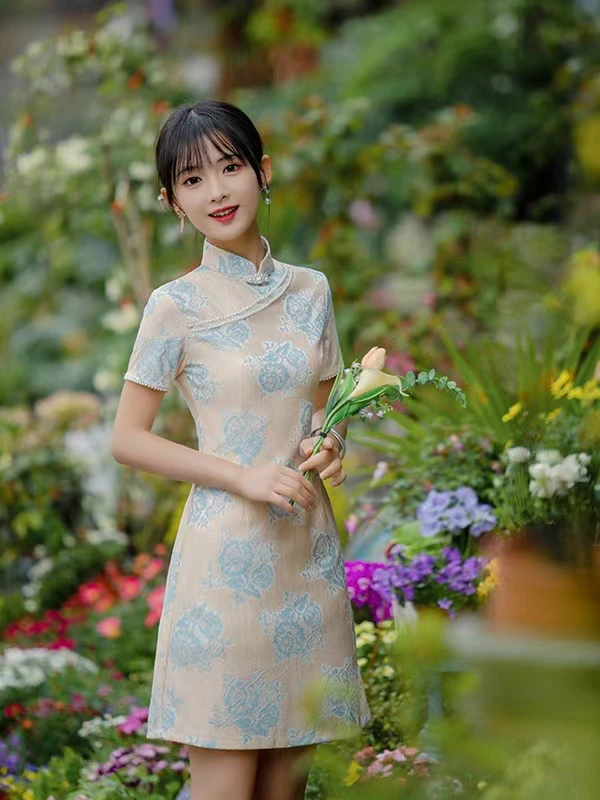 【1721 新款珍珠包边 米蓝色】网红气质百搭款淑女显瘦旗袍蕾丝