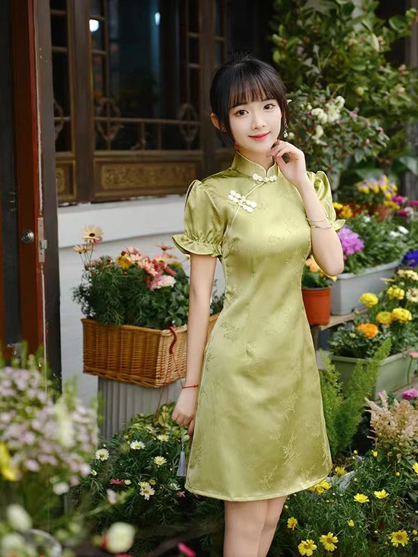 【1728 暖暖 秋香绿】网红气质百搭款淑女显瘦旗袍蕾丝