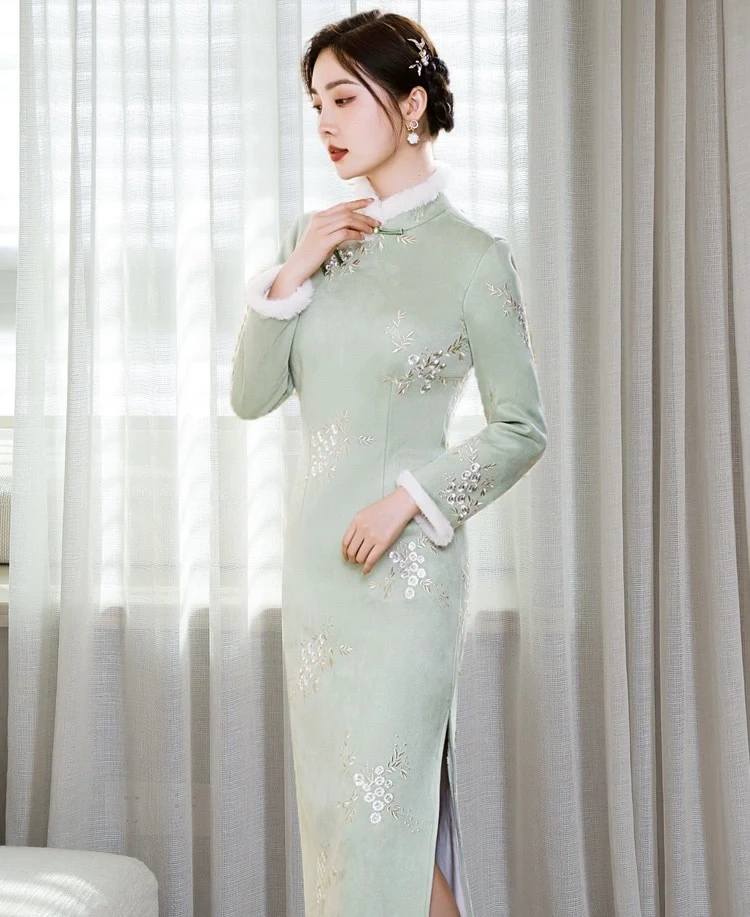 【1902 如梦 绿色侧八扣 加绒加厚】显瘦气质修身复古中国风旗袍
