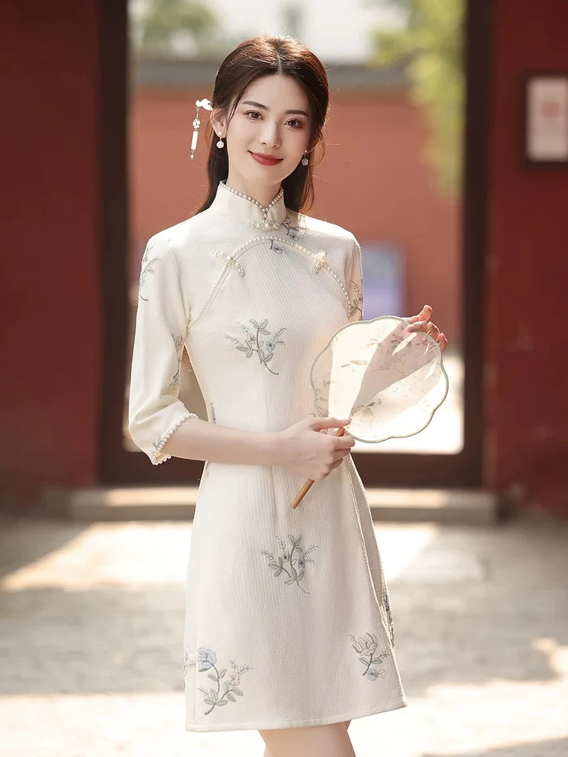 【1847 心之芊芊 米白色】显瘦气质修身优雅复古中国风旗袍