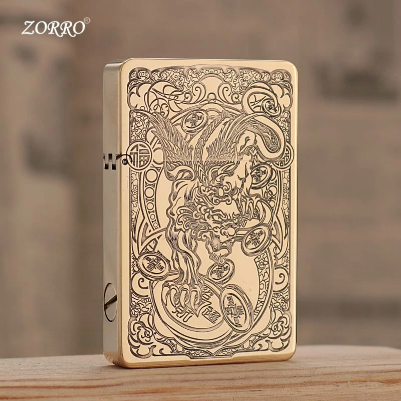 ZL8佐罗ZORRO超薄煤油打火机限量版复古招财貔貅纯黄铜打火机礼品