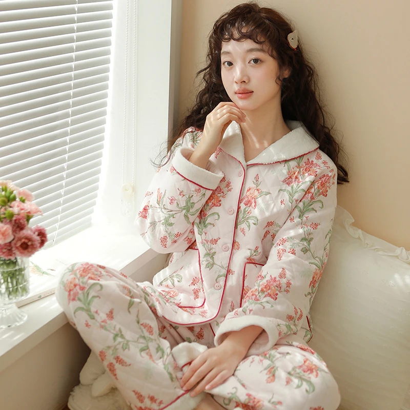 秋冬新款长袖三层夹棉纯棉女士空气层套装冬季保暖家居服