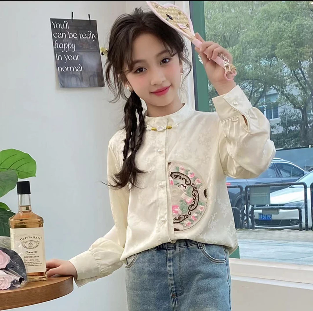 儿童春秋2024新款刺绣新中式立领衬衫中大童国风长袖早春上衣洋气