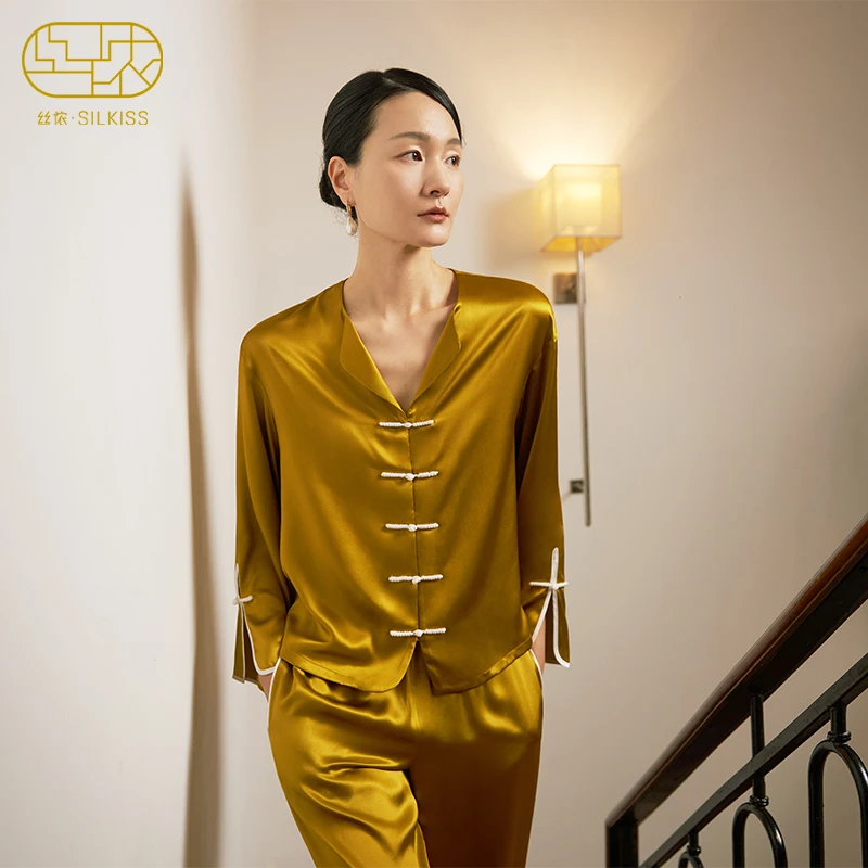 SILKISS/丝侬真丝睡衣女桑蚕丝丝绸家居服套装礼盒宽松复古时颂
