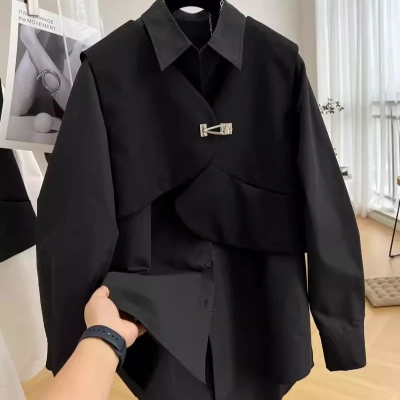 特大码300斤欧货长袖衬衫马甲背心男ins秋款宽松显瘦衬衣两件套潮