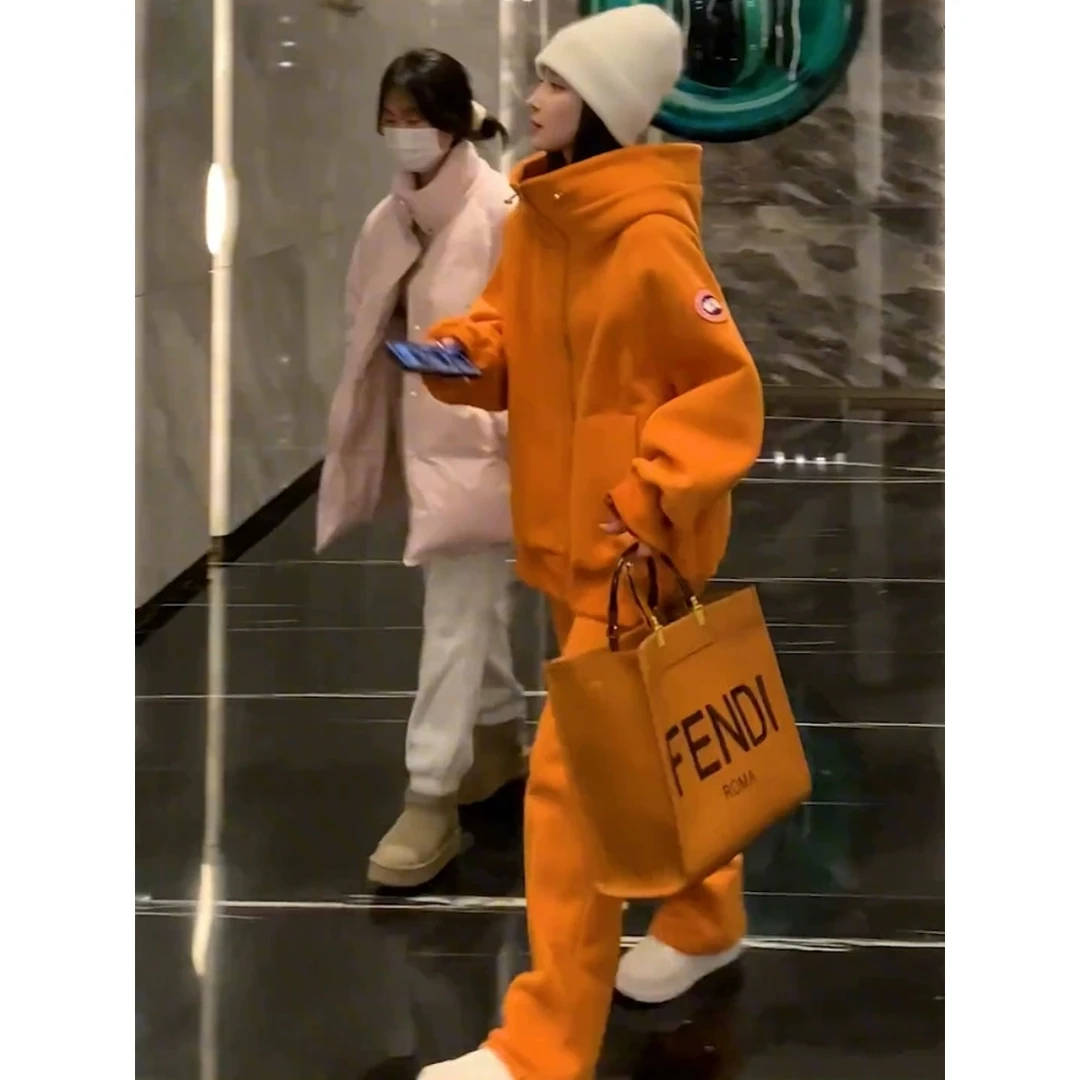 特大码300斤卫衣套装男新款高级感橘色连帽开衫宽松卫裤两件套潮2