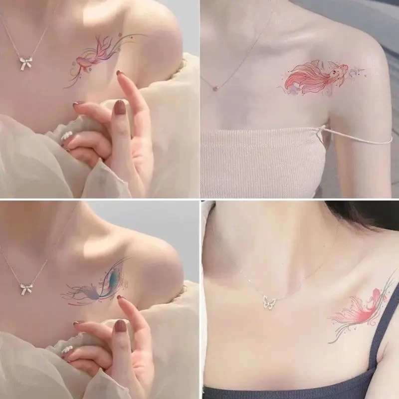 鱼鲤鱼锦鲤纹身贴 蓝色唯美锁骨手腕小清新防水纹身贴持久逼真