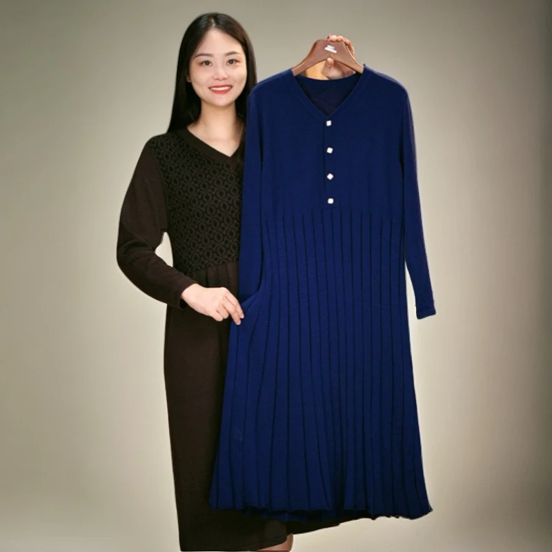 X7【岁月年华】纯绵羊毛中长款针织衫大码连衣裙百搭极简风女装