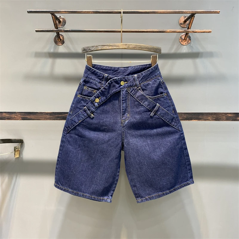 高腰阔腿牛仔短裤女宽松直筒五分裤2025夏季新款ins设计感牛仔裤