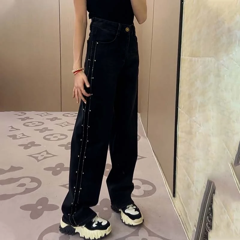 洋气高腰阔腿牛仔裤女2025年新款宽松显瘦时髦直筒长裤春秋装