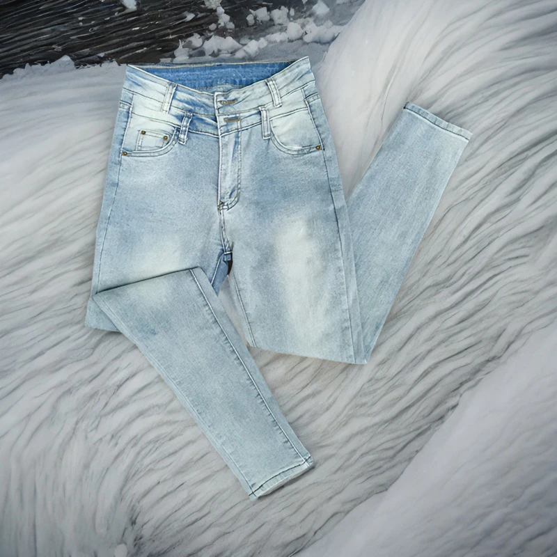 韩版复古水洗修身显瘦铅笔九分裤浅蓝色高腰小脚牛仔裤女百搭弹力