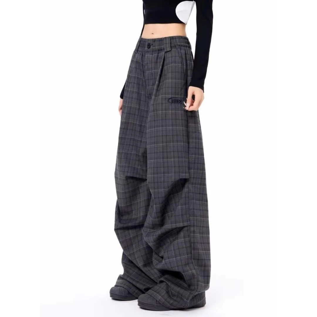 Ganyoou 美式复古格子皱褶设计感工装裤男女运动直筒速干休闲裤子