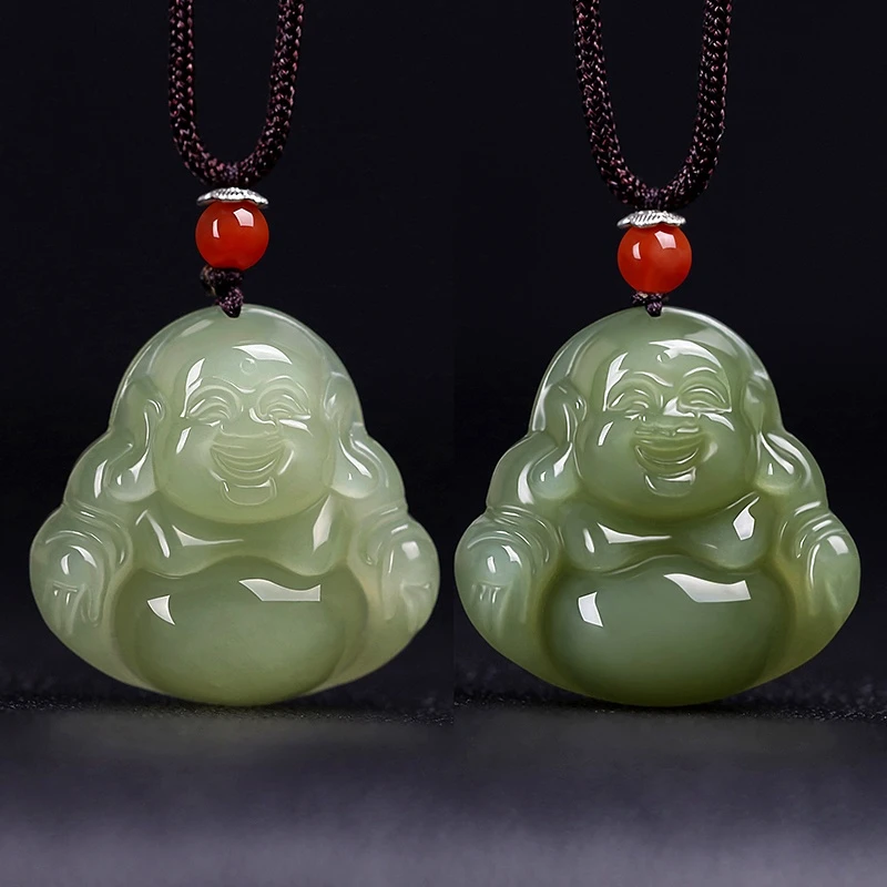 和田玉弥勒佛吊坠大肚佛晴水笑佛公项链玉佛玉佩30mm湖水绿男女