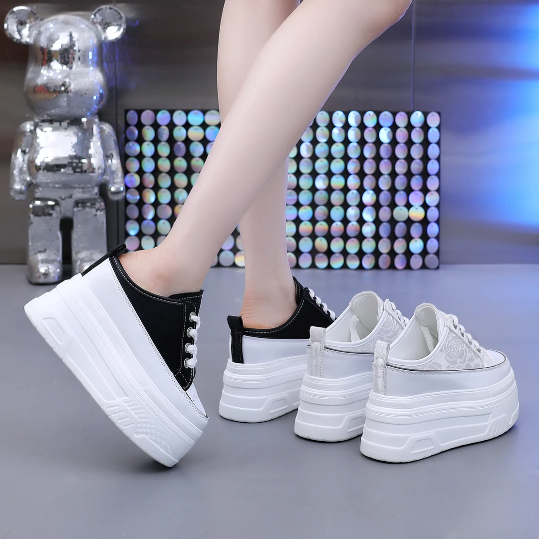 【跟高10、12厘米】厚底内增高布面刺绣拖鞋女春夏季新款包头小白鞋