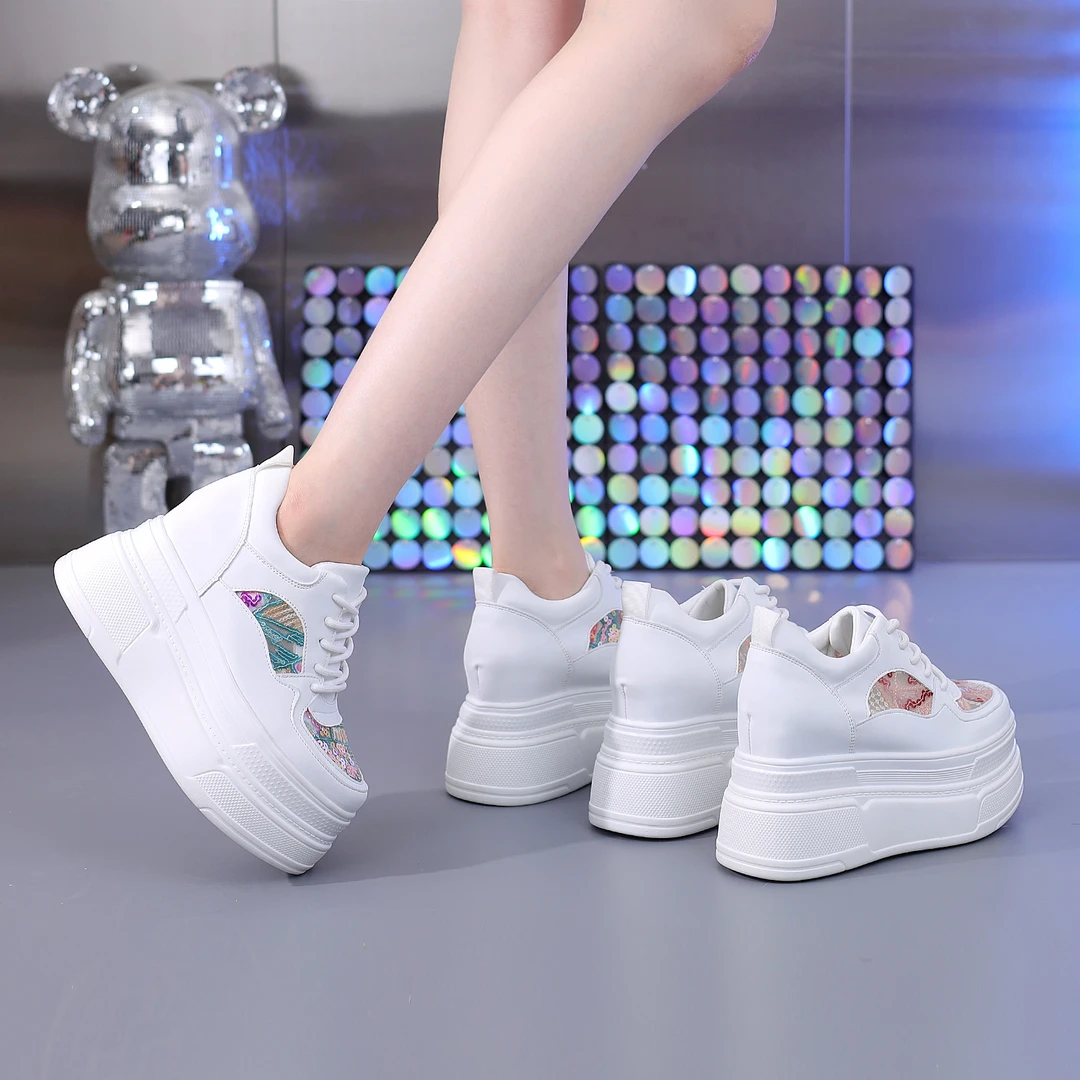 【跟高8、10、12厘米】厚底内增高网面小白鞋春季新款小个子休闲女鞋