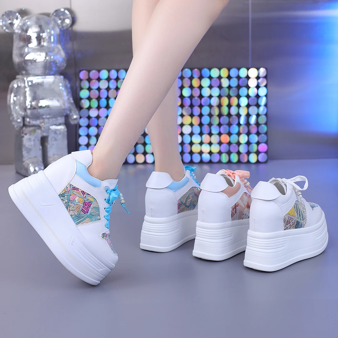 【跟高10、12厘米】厚底内增高网面透气小白鞋春季新款时尚休闲女鞋