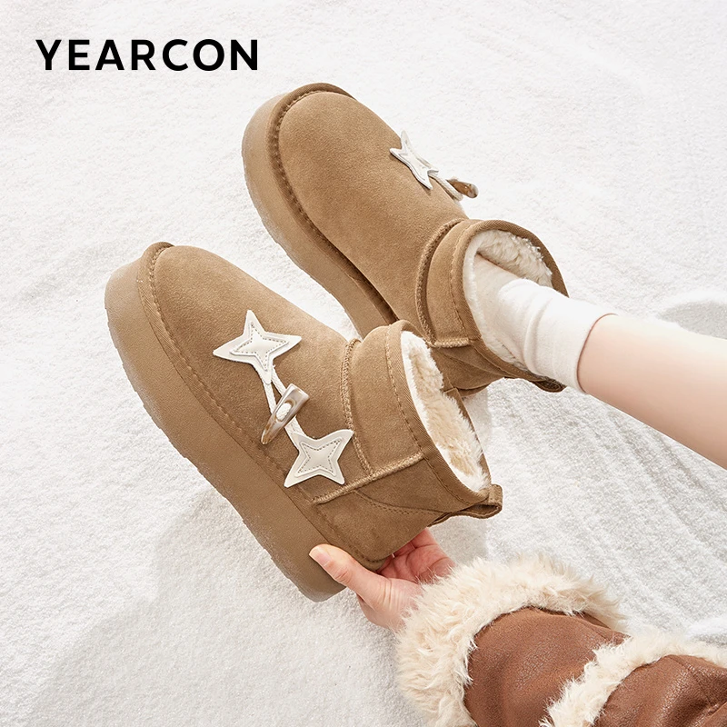 意尔康2024真皮时尚百搭加绒雪地靴舒适保暖女棉鞋防滑秋冬雪地靴