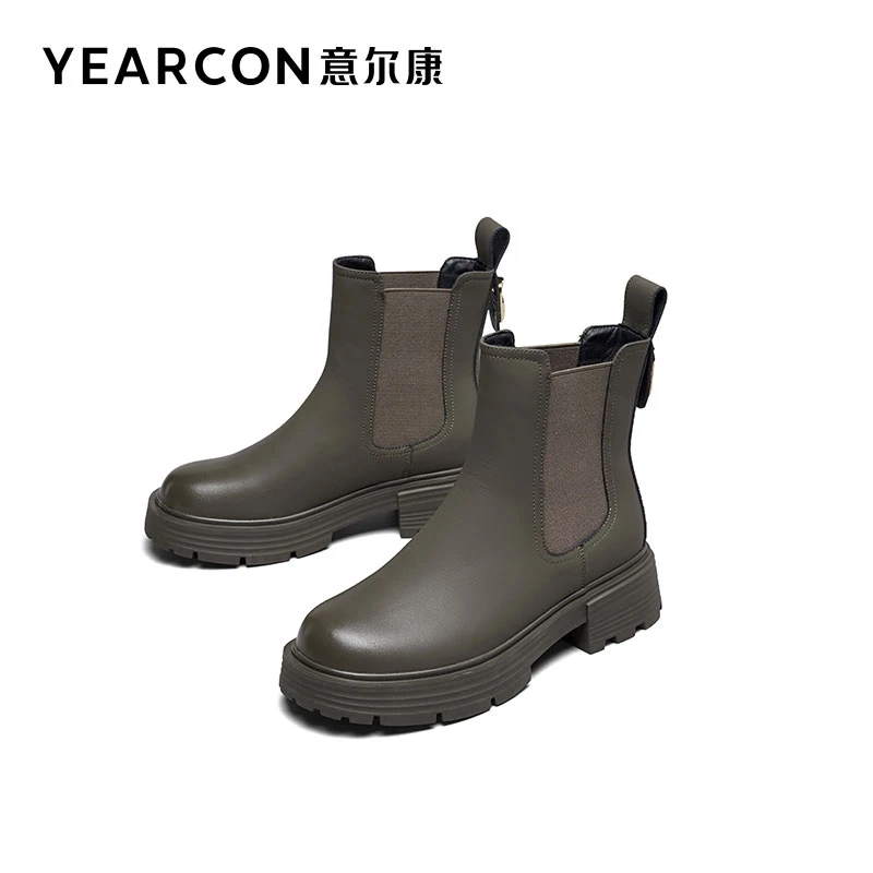 意尔康女鞋秋冬新款时尚百搭英伦风厚底爆款粗跟中筒靴子靴子女