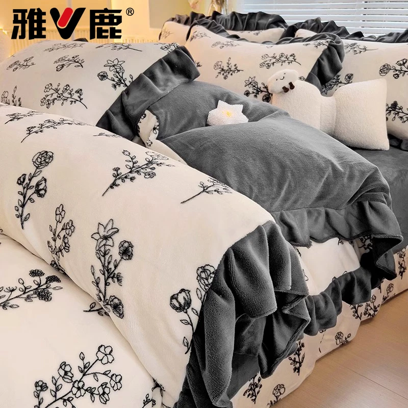 公主风牛奶绒床上四件套瑚法兰绒床品双面绒双面加厚加绒被套床单