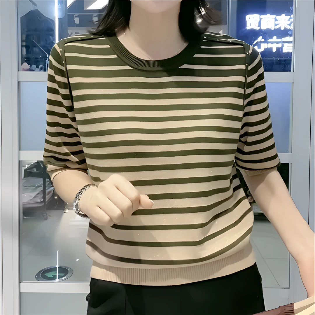 【100%莱赛尔天丝】新款休闲女装气质洋气显瘦短袖百搭圆领条纹上衣