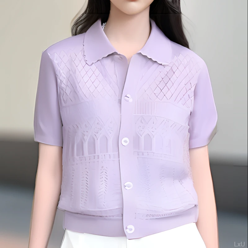 【100%莱赛尔天丝】2024新款女夏季肌理翻领短袖针织衫上衣宽领