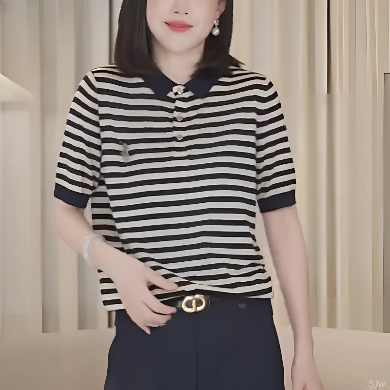 【100%莱赛尔天丝】显瘦条纹百搭洋气大码遮肉宽松短袖上衣卡腰度假