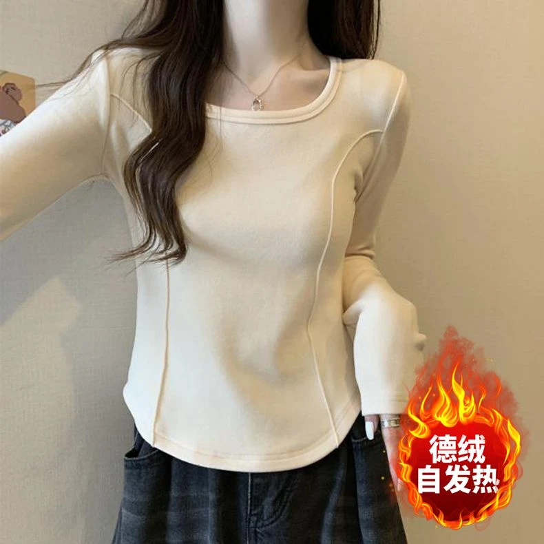 德绒正肩长袖T恤女秋冬季新款方领设计感小众修身百搭打底衫上衣