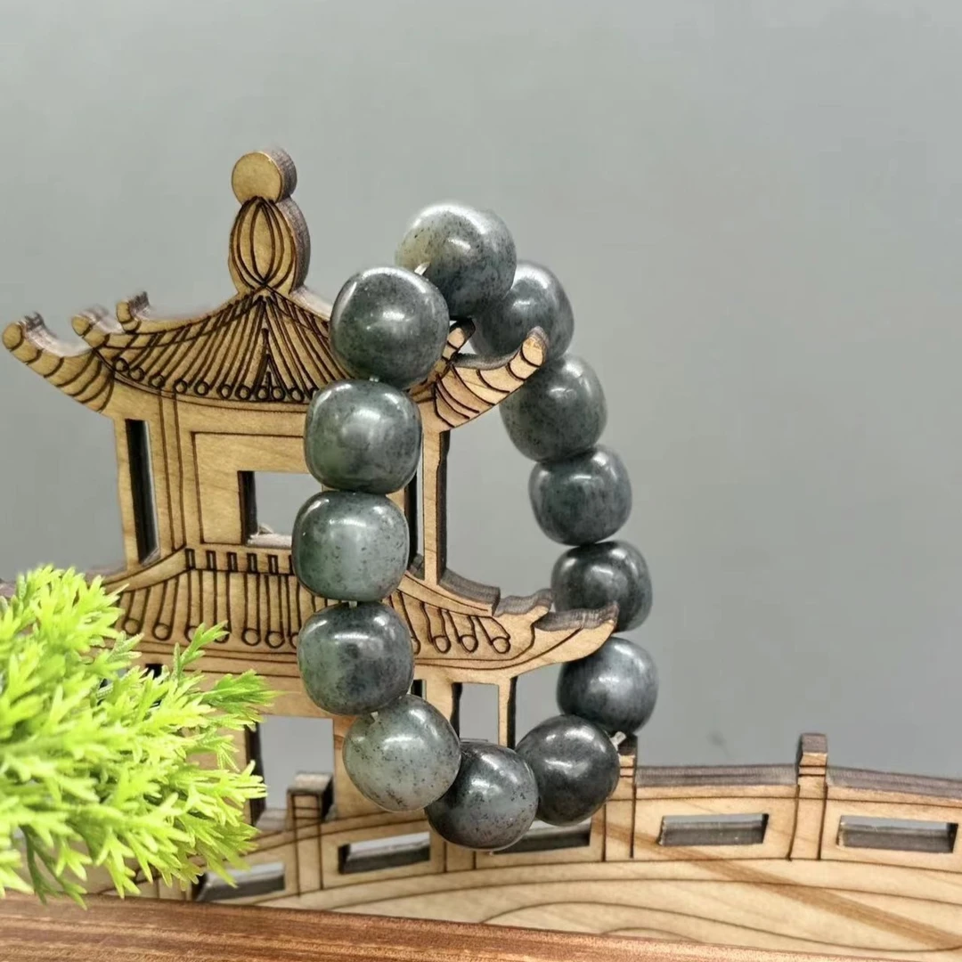 和田玉散墨青花老型手串手工时尚光珠单圈玉手串手串珠山料素圈