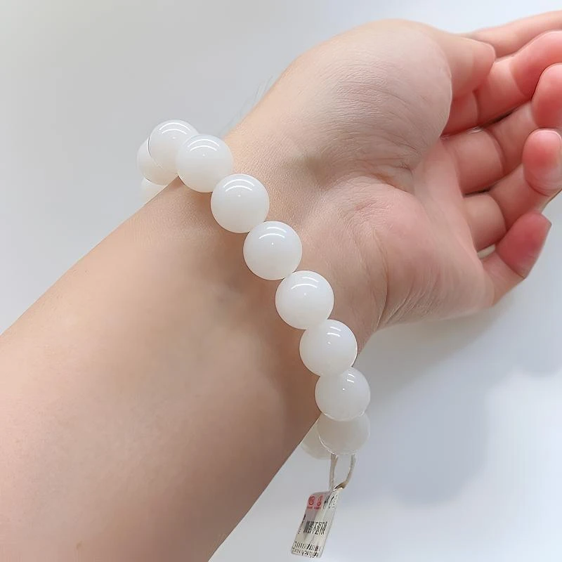 天然和田玉白玉手串12mm俄料白玉单圈白色手链素圈玉石手链
